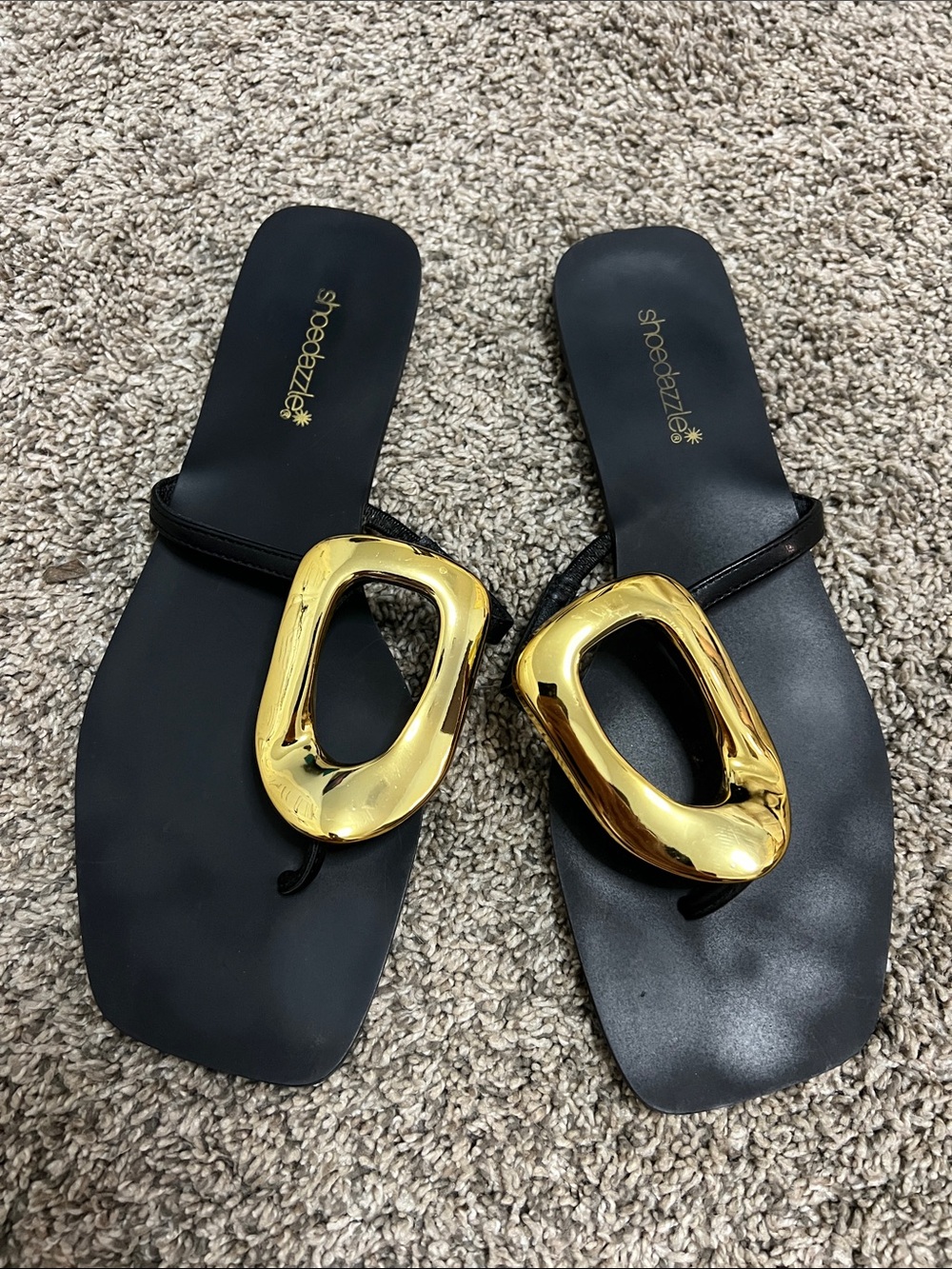 Shoe Dazzle Black Sandals with Gold Accents